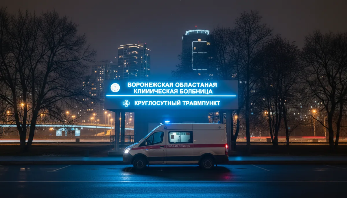 ночной городской пейзаж Воронежа, освещённая вывеска медицинского учреждения, дежурная машина скорой помощи