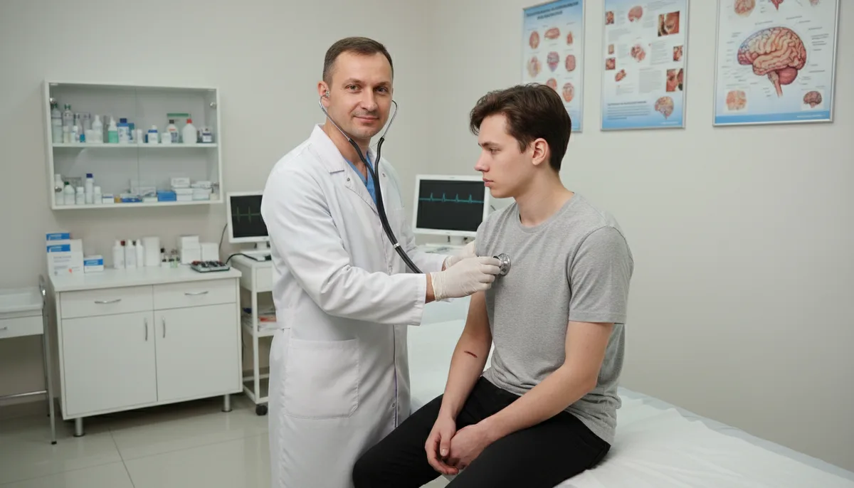 Врач-нарколог, стетоскоп, осмотр пациента, клиническая обстановка, медицинские перчатки