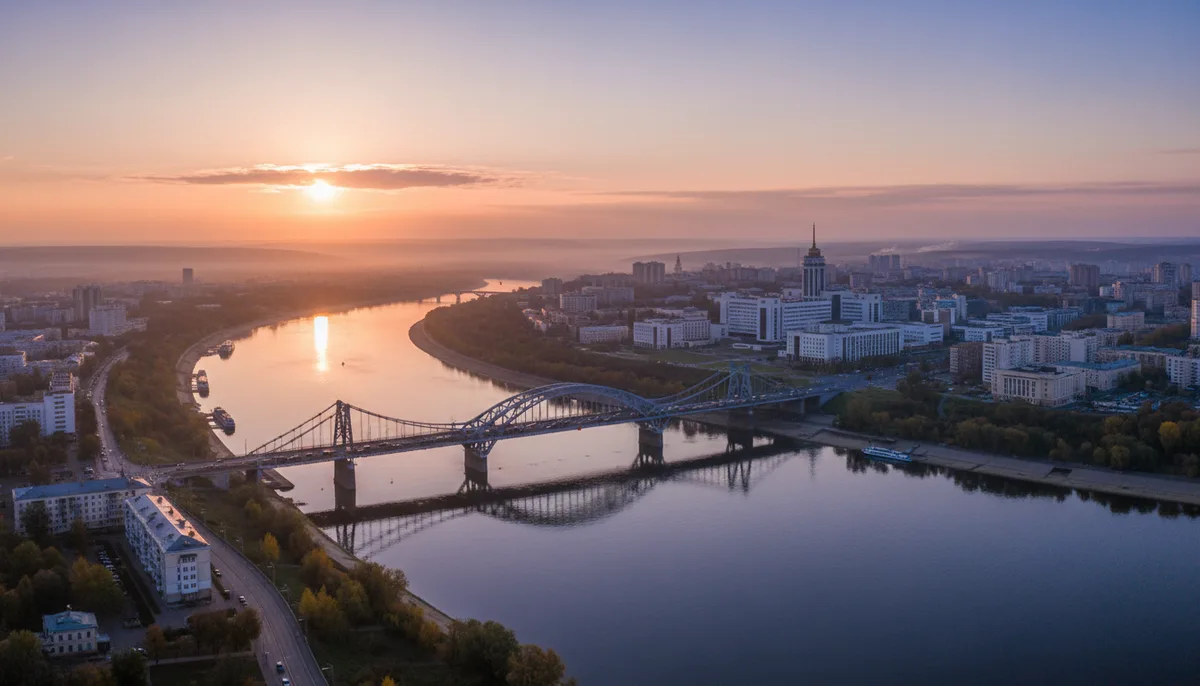 Панорама волжского города, мост через реку, городская больница на заднем плане, утренний свет