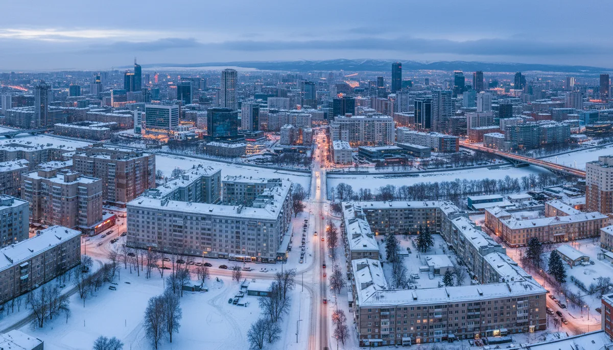 Зимний Екатеринбург, городская панорама, многоэтажные здания, заснеженные улицы
